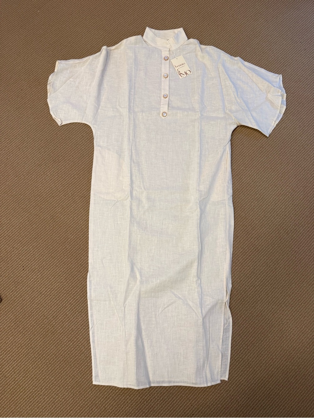 Light Cream Linen Maxi Dress with Mandarin Collar